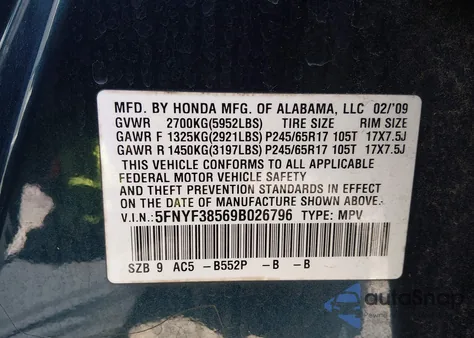 2009 Honda Pilot Ex-L z USA, uszkodzony, nr VIN 5FNYF38569B026796